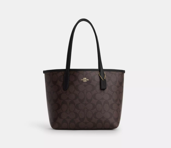 Coach Small City Tote Bag Signature Canvas In Brown Black