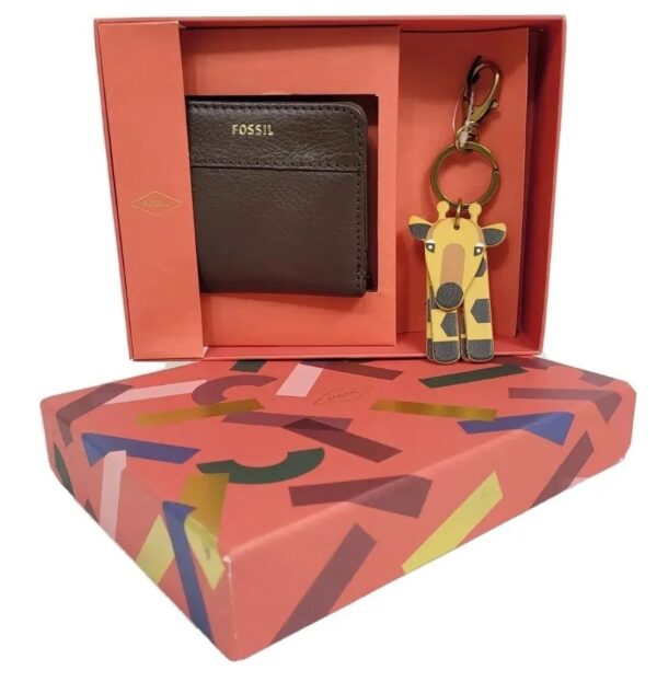 Fossil Wallet Giftset Critter Espresso Brown leather Bifold Keyfold