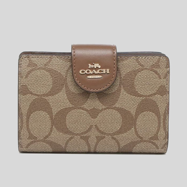 Coach Medium Corner Zip Wallet C0082 Signature Khaki Saddle
