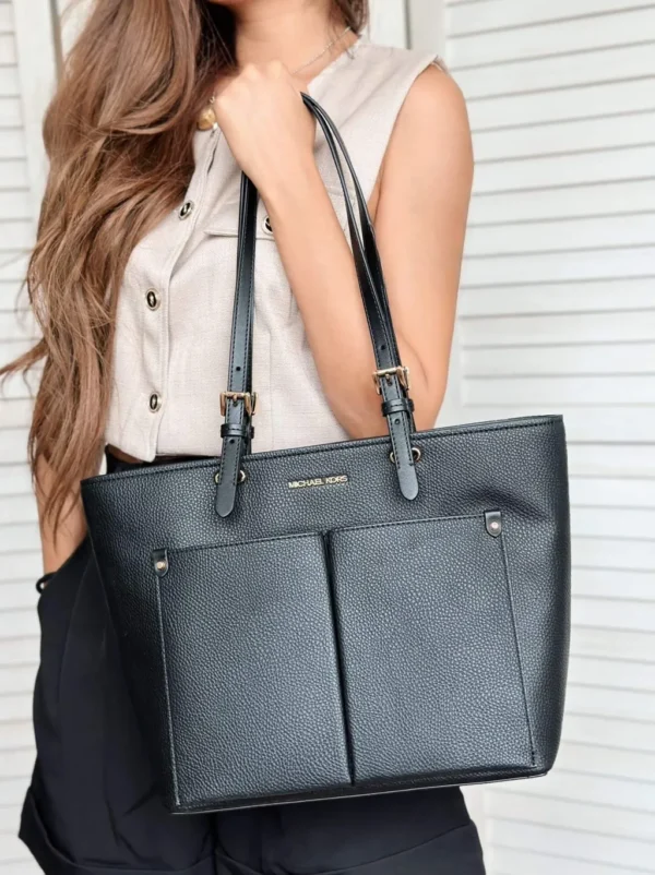 Michael Kors Jet Set Travel Leather Medium Double Pocket Tote In Black - Image 3